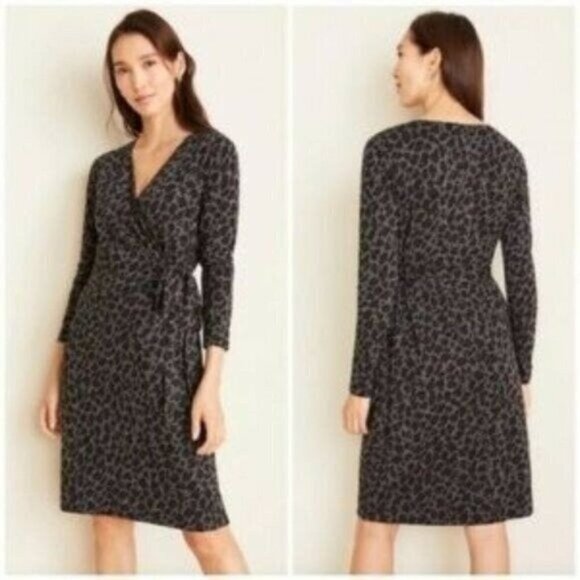 Ann Taylor Gray Knit Leopard Animal Lightweight Long Sleeve Wrap XSP Dress NWT - Picture 1 of 8